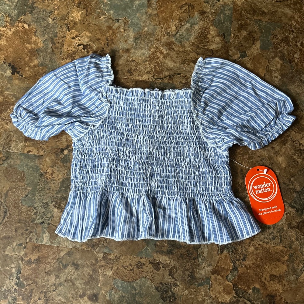 Wonder Nation Short Sleeve Shirt Toddler Girls Size 5T Blue White Stripe Top